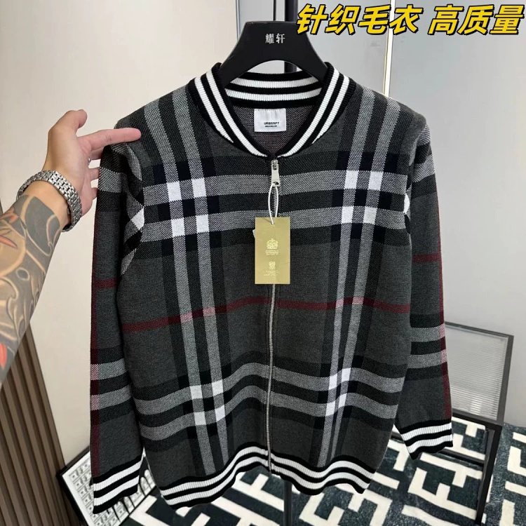 Burberry Knitted Sweater Splicing Checkered Cardigan Light Luxury Jacket Men's Trendy Brand | Yooybu