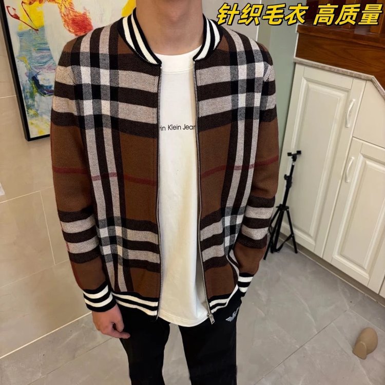 Burberry Knitted Sweater Splicing Checkered Cardigan Light Luxury Jacket Men's Trendy Brand | Yooybu