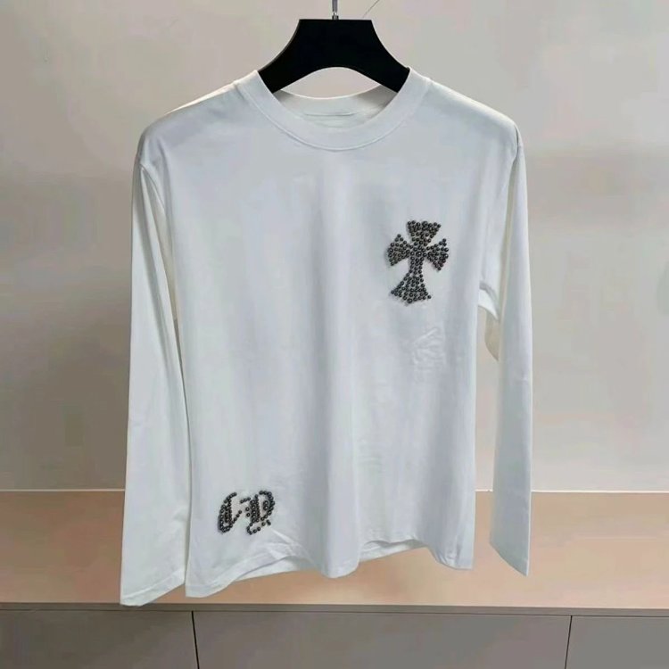Chrome HeartsLight Luxury Long Sleeve T-shirt for Men and Women, Round Neck Bott