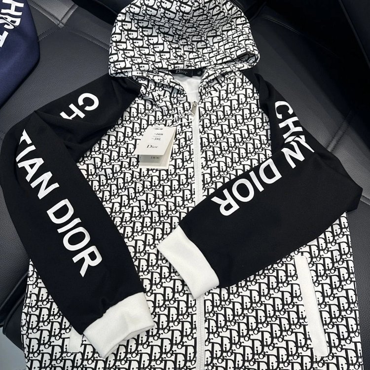 DIOR Light Luxury Full Print Spring and Autumn Coat unisex trendy brand cardigan hooded jacket | Yoo
