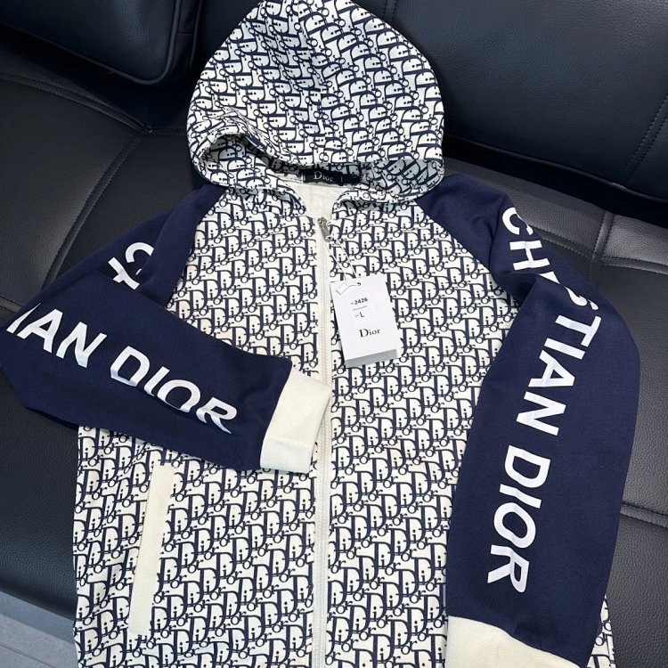 DIOR Light Luxury Full Print Spring and Autumn Coat unisex trendy brand cardigan hooded jacket | Yoo