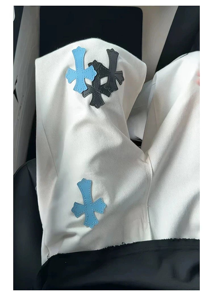 Chrome Hearts White Luxury Jeans Classic Leather Cross Men's and Women's Loose Straight Pants | Yooy