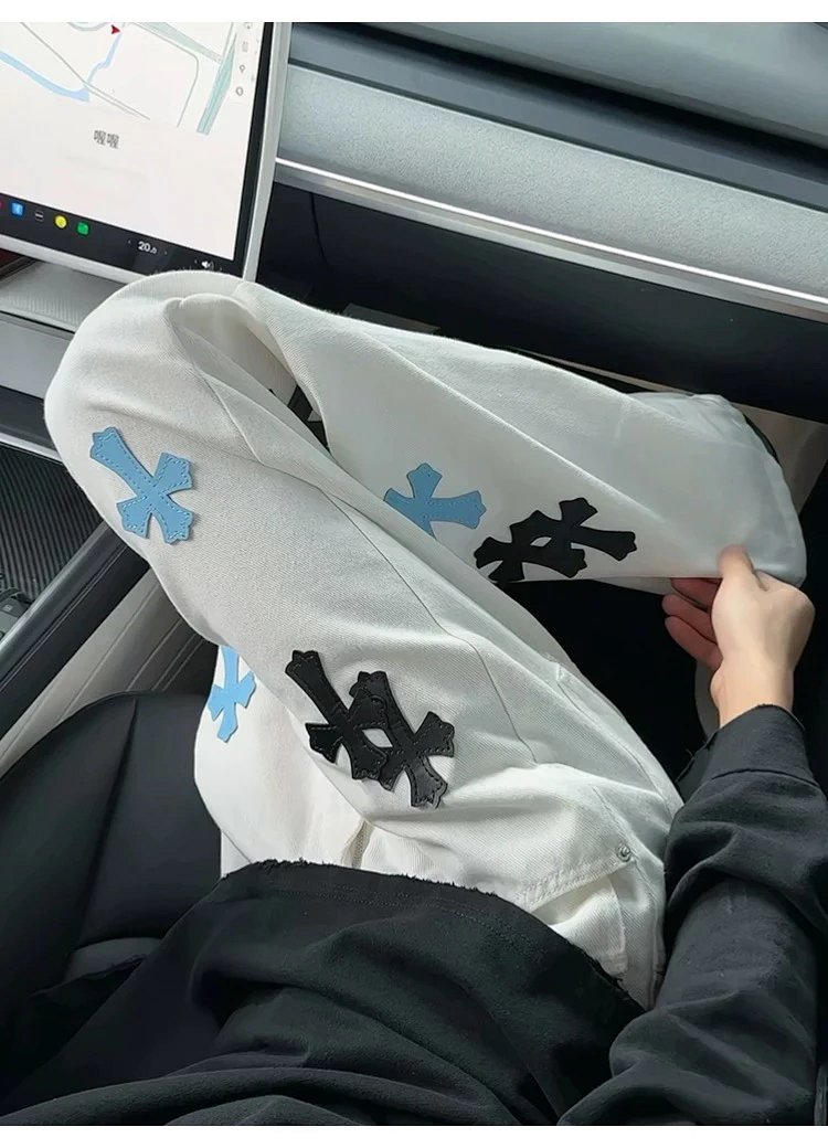 Chrome Hearts White Luxury Jeans Classic Leather Cross Men's and Women's Loose Straight Pants | Yooy
