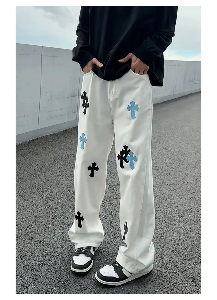 Chrome Hearts White Luxury Jeans Classic Leather Cross Men's and Women's Loose Straight Pants | Yooy