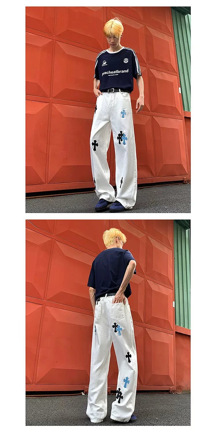 Chrome Hearts White Luxury Jeans Classic Leather Cross Men's and Women's Loose Straight Pants | Yooy