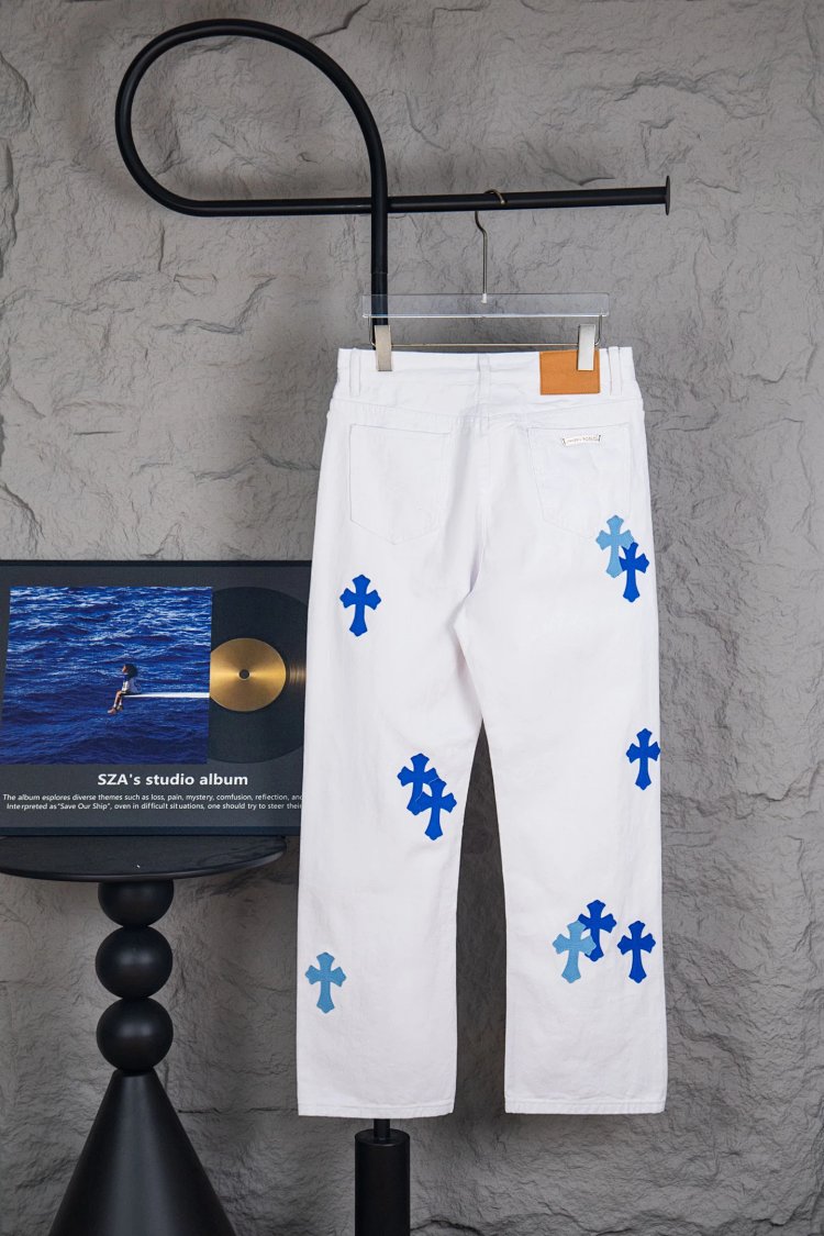 Chrome Hearts  Cross white blue label leather jeans pants