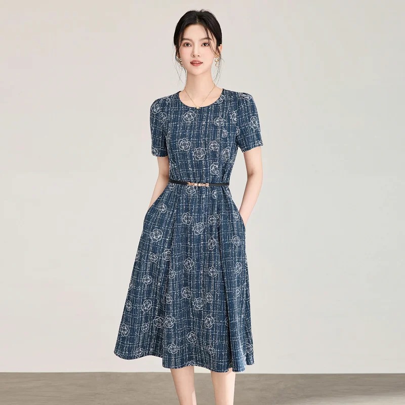 Summer New Product Light Luxury Camellia Jacquard Knitted Tencel Waist slimming Dress