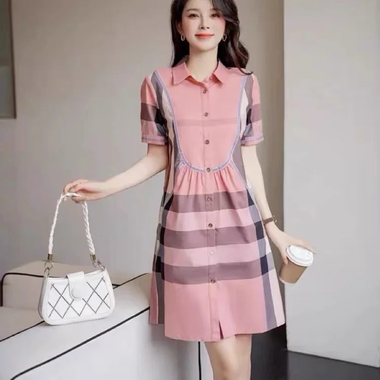 Burberry Light Luxury Counter Women's British Style High-end Plaid Shirt Short-sleeved Slim T-Shirt